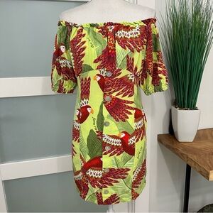 Farm Rio Macaw Print Off Shoulder Baby Doll Dress SZ P = Small Multicolor GUC